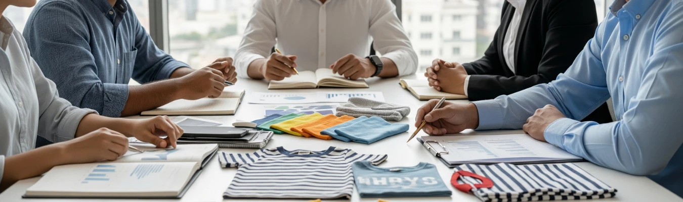 Team of professionals discussing kids’ t-shirt samples in a garment factory setting.