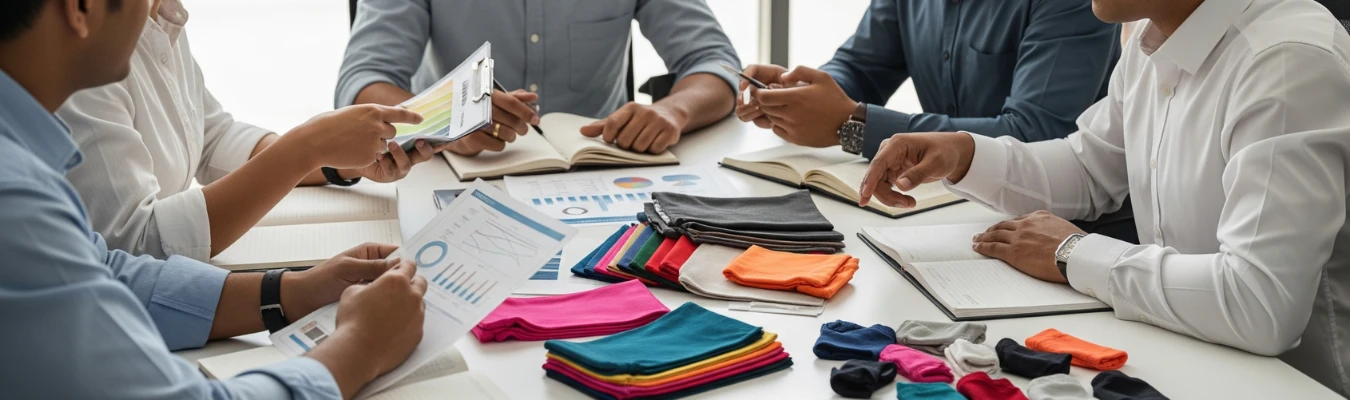Business team reviewing charts, fabric swatches, and colorful samples of children’s leggings during a sourcing discussion, representing RYZEAL’s solutions to common manufacturing challenges.