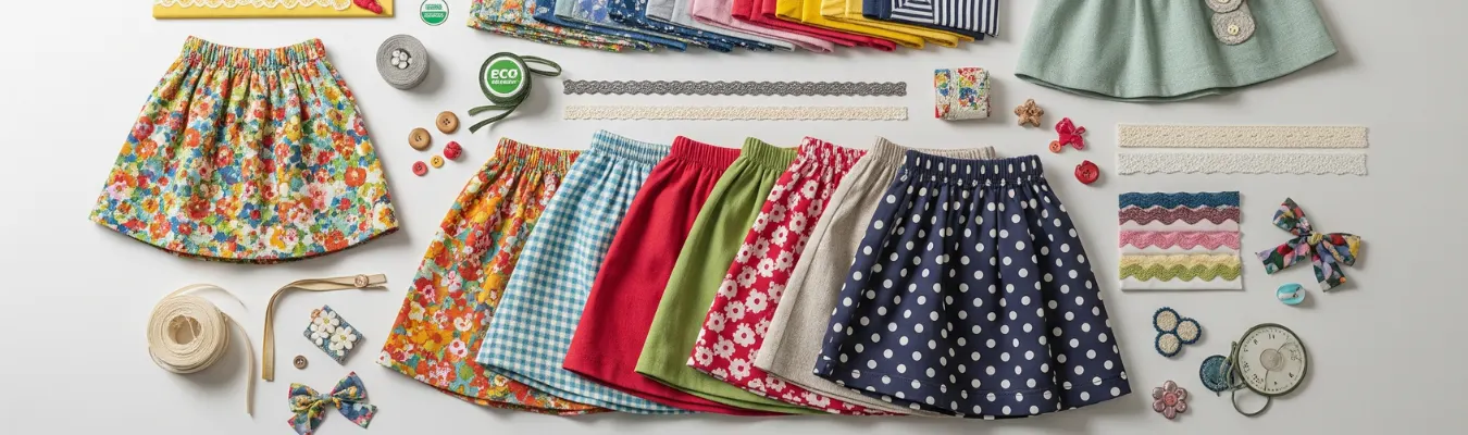Assorted children's skirts in colorful patterns laid out with fabrics, trims, laces, and eco-friendly tags, symbolizing sourcing and manufacturing challenges in kids’ skirt production.