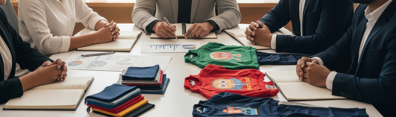 Business meeting with children’s tracksuits samples, fabric swatches, and reports on the table, showing how RYZEAL, an apparel manufacturing and sourcing company in Bangladesh, solves sourcing challenges as a wholesale supplier.