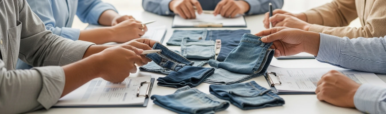 Team reviewing denim fabric swatches and kids’ jeans samples at RYZEAL, a trusted denim jeans manufacturer for kids in Bangladesh, solving sourcing challenges with expert apparel solutions.