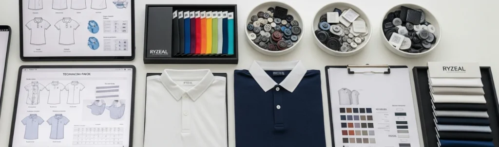 High Quality Polo Shirt Manufacturers sourcing process with tech packs, fabric swatches, buttons, trims, and finished polo shirt samples by RYZEAL.