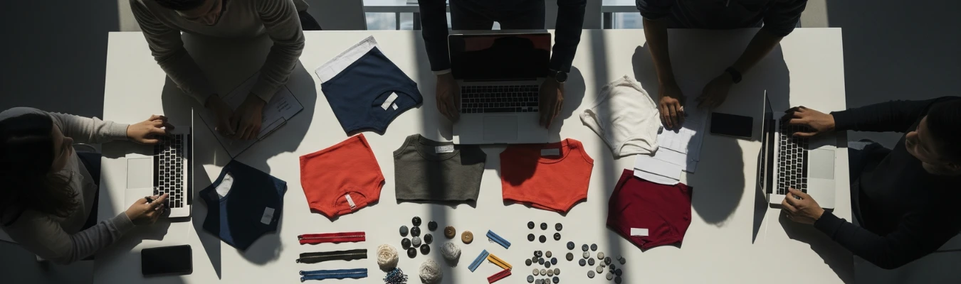 Team reviewing crop top tees samples, trims, and fabric details at a sourcing table, representing RYZEAL’s expertise as Kid’s Crop Top Tees Wholesale Supplier