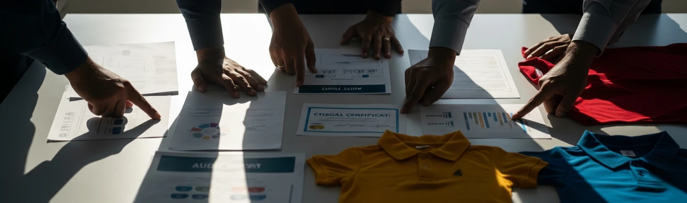 Team reviewing compliance reports and kids polo shirt samples, showing how RYZEAL solves sourcing challenges as Kids Polo Shirts Manufacturer in Bangladesh