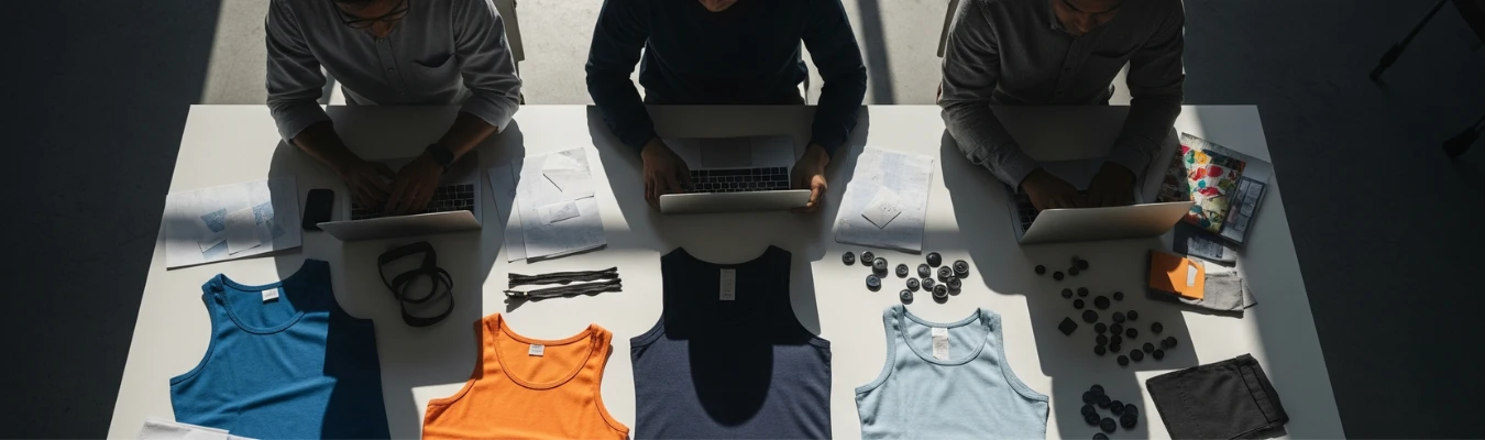 RYZEAL SOURCING team reviewing tank top samples, trims, and production details on laptops and papers, addressing sourcing issues as Kid’s Tank Top Wholesale Supplier