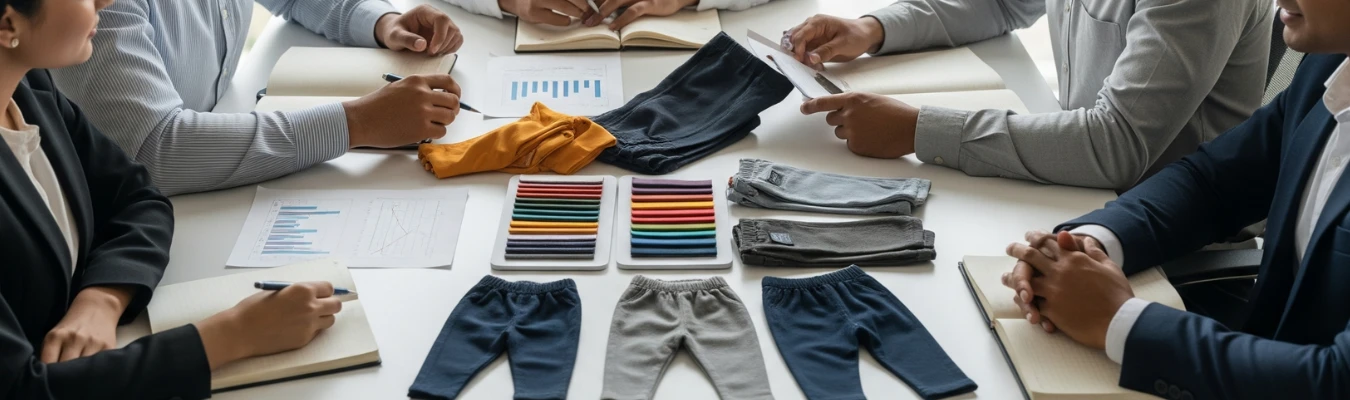 Business meeting with kids’ trousers samples, fabric swatches, and reports on the table, showing how RYZEAL, an apparel manufacturing and sourcing company in Bangladesh, solves sourcing challenges as a wholesale manufacturer.