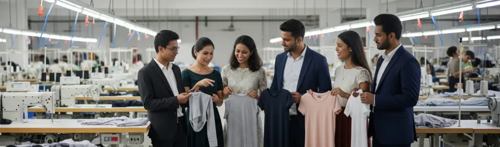 RYZEAL SOURCING team and buyers inspecting activewear samples inside a garment factory, discussing sourcing challenges and solutions in ladies activewear apparel manufacturing.