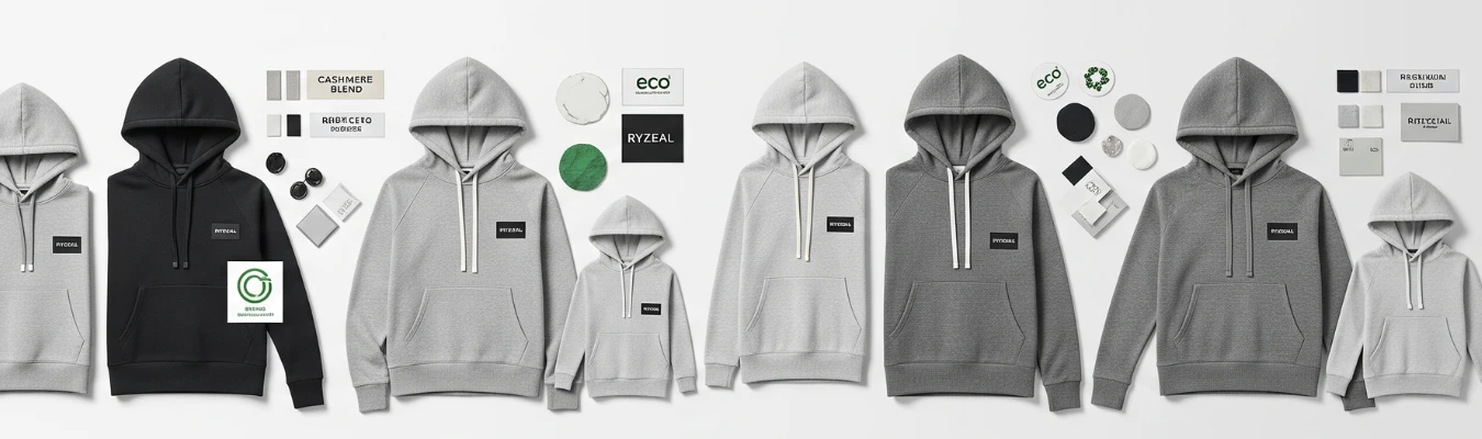 Luxury hoodies in black and gray shades displayed with eco labels, fabric swatches, and trims, showcasing sourcing solutions by RYZEAL hoodie manufacturer.