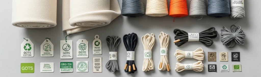 Sustainable fabrics, laces, threads, and eco-friendly certification tags for kids’ sweatpants production, showing how RYZEAL, an apparel manufacturing and sourcing company in Bangladesh, solves sourcing challenges as a wholesale manufacturer.