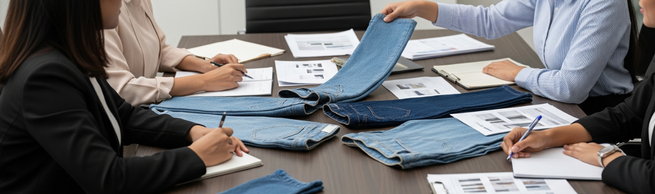 Team of professionals sitting around a table reviewing denim jeans samples and documents, discussing sourcing challenges and solutions in wholesale women’s jeans supply.