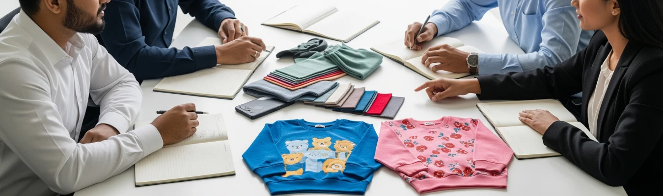 Business meeting with kids’ sweatshirt samples in blue and pink along with fabric swatches on the table, showing how RYZEAL, an apparel manufacturing and sourcing company in Bangladesh, solves sourcing challenges as a wholesale manufacturer.