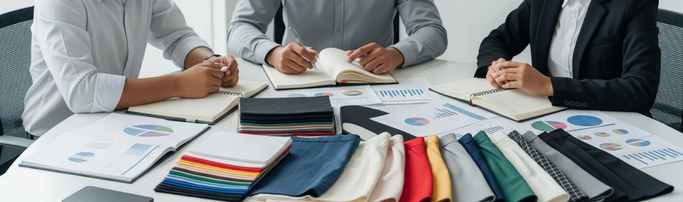 Business meeting with fabric swatches, charts, and documents on the table, showing how RYZEAL, an apparel manufacturing and sourcing company in Bangladesh, solves common sourcing challenges as a wholesale skirts for women supplier.