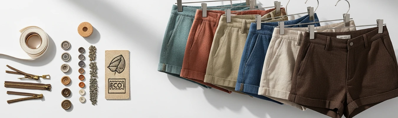 Wholesale women’s shorts in assorted colors displayed with eco-friendly trims, buttons, and zippers, showing how RYZEAL, an apparel manufacturing and sourcing company in Bangladesh, solves common sourcing challenges.