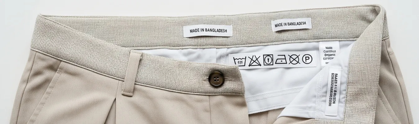 Close-up of women’s trousers with care labels and Made in Bangladesh tag, symbolizing sourcing transparency and production challenges in trouser manufacturing.