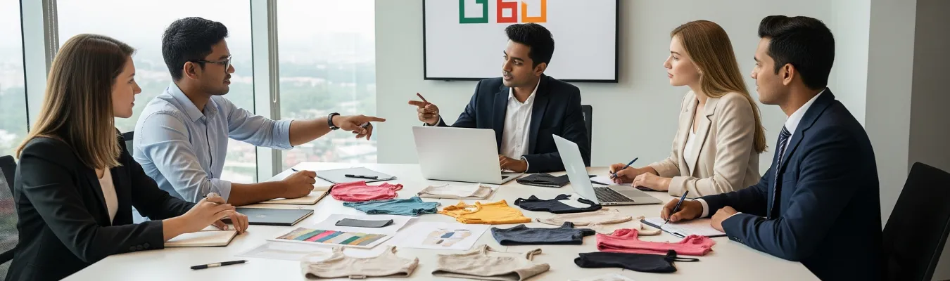 Business meeting with a team discussing women's crop tops samples spread on the table.