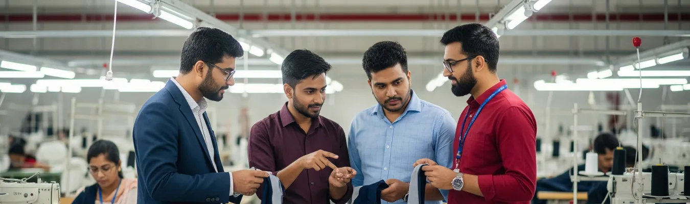 Team of professionals discussing sourcing challenges inside a garment factory, showcasing RYZEAL SOURCING as a women’s wholesale leggings supplier solving buyer needs.