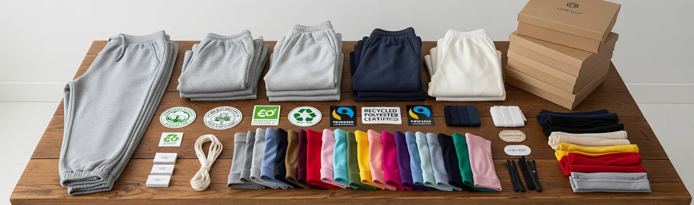 Folded women’s sweatpants with fabric swatches, eco-certifications, packaging boxes, and trims showcasing RYZEAL SOURCING’s solutions to sourcing challenges.