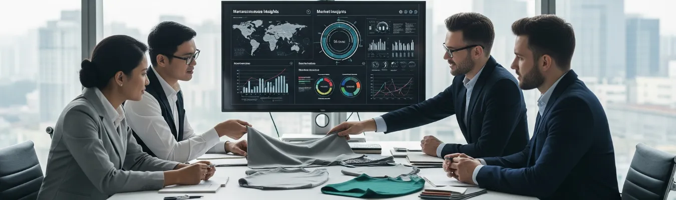 Business meeting showcasing sweatshirts samples with analytics on screen, representing RYZEAL SOURCING solving wholesale sweatshirt sourcing challenges.