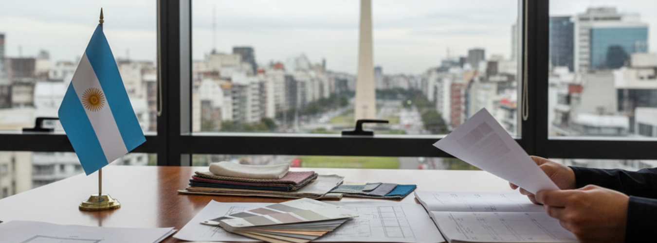 Office desk with Argentina flag, fabric swatches, and documents overlooking Buenos Aires skyline, representing RYZEAL as a clothing manufacturer in Bangladesh for Argentina.