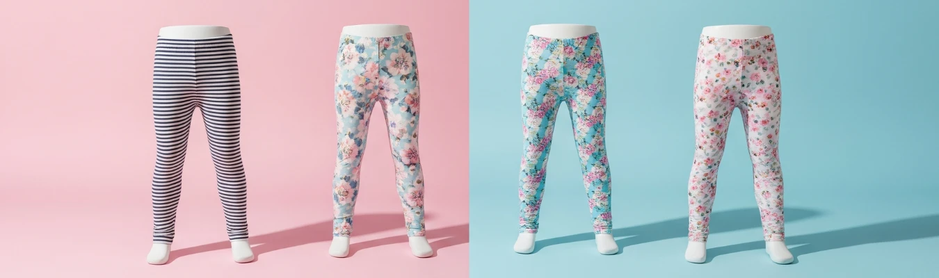 Four pairs of children’s leggings displayed on mannequins, featuring striped and floral patterns in pastel and vibrant tones, set against a pink and blue split background.