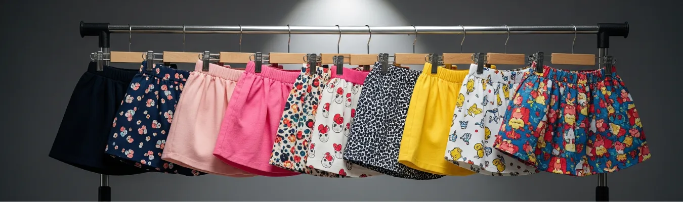 Children's skirts in various prints and solid colors, including floral, cartoon, polka dot, yellow, pink, and navy, displayed on wooden hangers along a clothing rack under studio lighting.