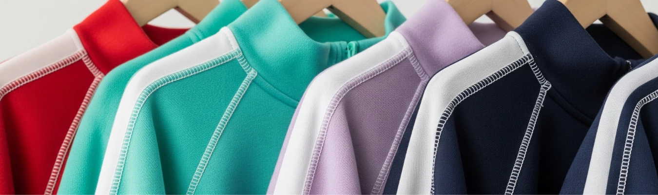 Close-up of colorful children’s tracksuits on hangers in red, teal, lavender, and navy, highlighting global demand and sourcing trends supported by RYZEAL, an apparel manufacturing and sourcing company in Bangladesh.