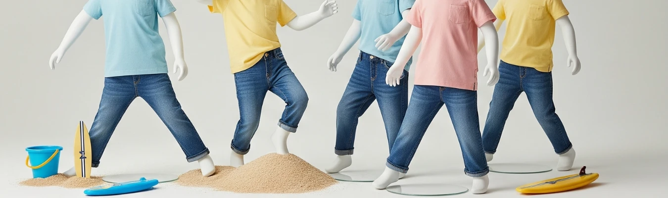 Mannequins in colorful t-shirts and denim jeans for kids, displayed with beach props, by RYZEAL, a global denim jeans manufacturer for kids in Bangladesh.