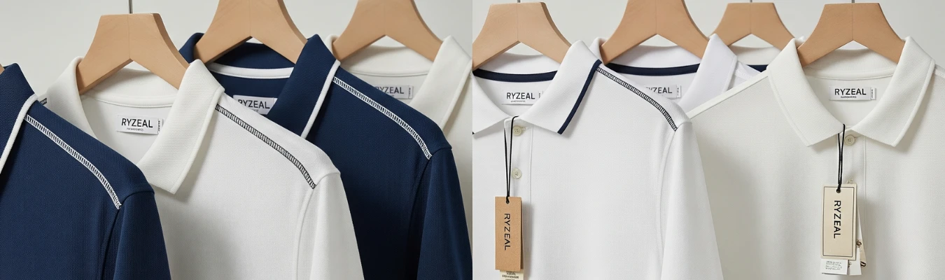 High Quality Polo Shirt Manufacturers in Bangladesh displaying navy blue and white polo shirts on wooden hangers with RYZEAL tags for global sourcing trends.