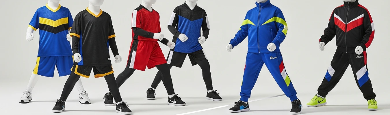 Mannequins dressed in kids’ activewear sets including shorts, t-shirts, and tracksuits in bright sporty colors, representing global sourcing and demand trends in the wholesale industry.