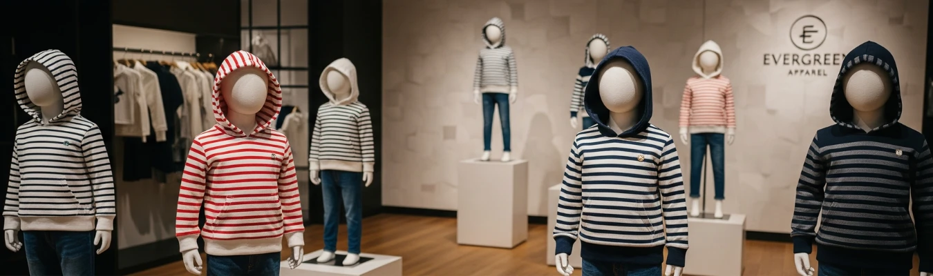 Mannequins dressed in striped kids hoodies inside a showroom, representing global demand and sourcing trends with RYZEAL as Kids Hoodies Wholesale Supplier in Bangladesh