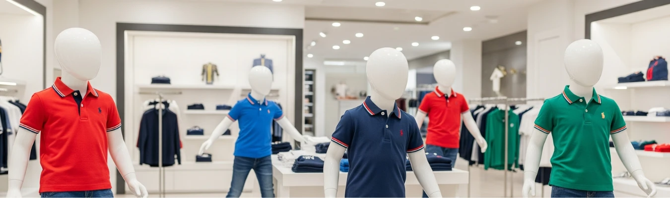 Mannequins dressed in colorful polo shirts inside a showroom, symbolizing global demand and sourcing trends with RYZEAL as Kids Polo Shirts Manufacturer in Bangladesh