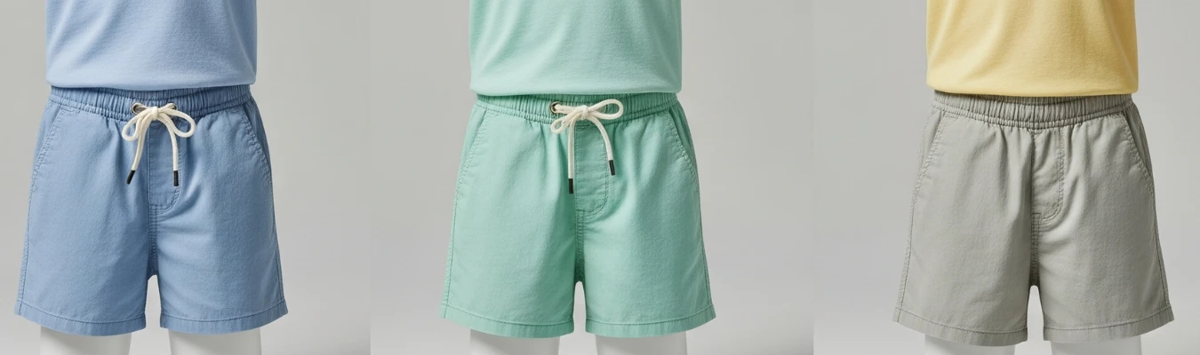 Three mannequins dressed in pastel-colored kids’ shorts with drawstrings, styled with plain t-shirts in soft shades, highlighting casual comfort wear for children.