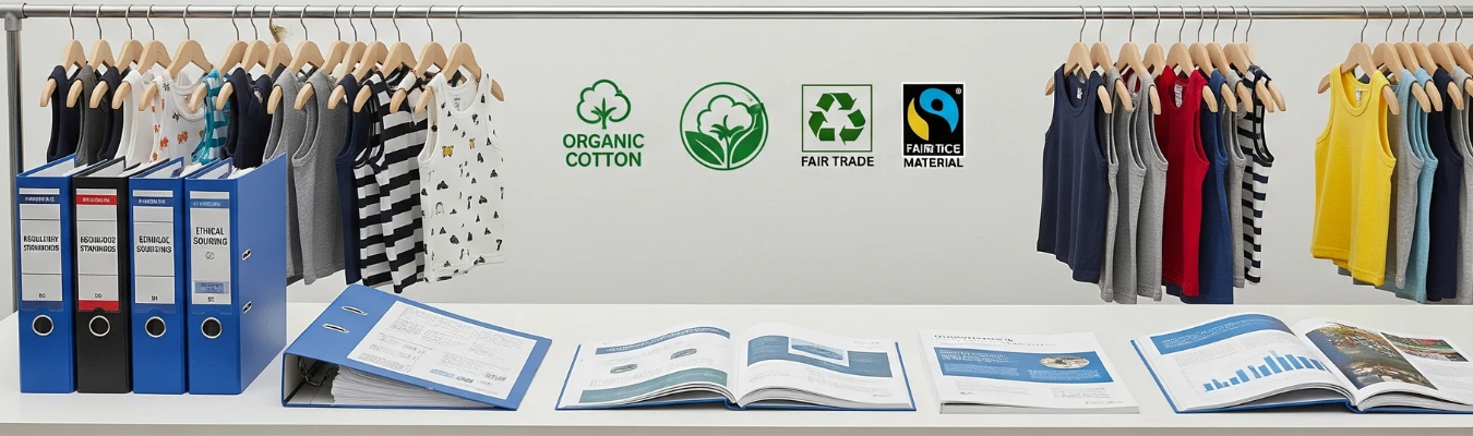 Rack of kid’s tank tops with organic cotton, fair trade, and sustainability certifications displayed, representing global sourcing trends in Kid’s Tank Top Wholesale Industry