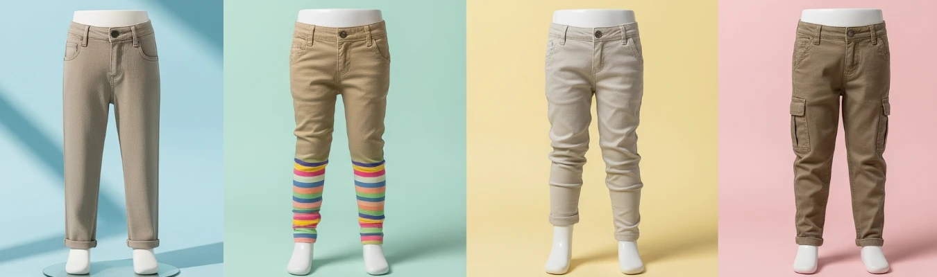 Kids’ trousers in beige and khaki styles displayed on mannequins, including casual, cargo, and paired with colorful leggings, representing global demand and sourcing trends by RYZEAL, an apparel manufacturing and sourcing company in Bangladesh.