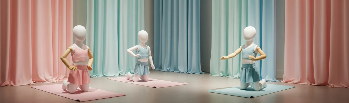 Mannequins wearing pastel kid’s yoga clothing sets posed on yoga mats in a studio