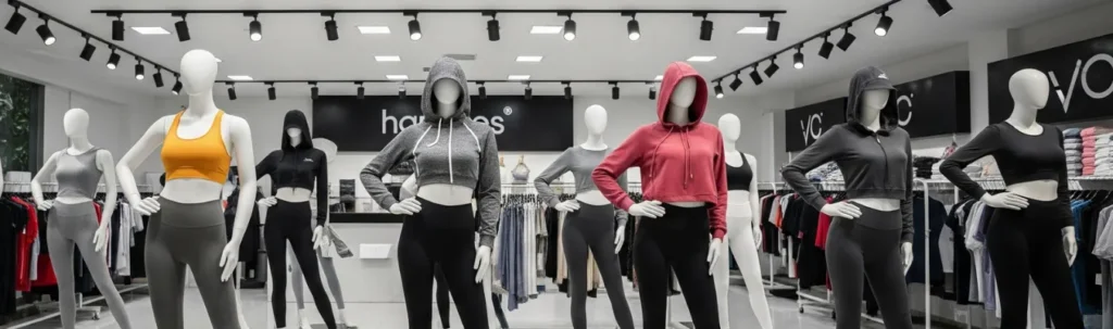 Mannequins showcasing ladies activewear including sports bras, hoodies, and leggings in a modern retail showroom, reflecting global demand and sourcing trends.