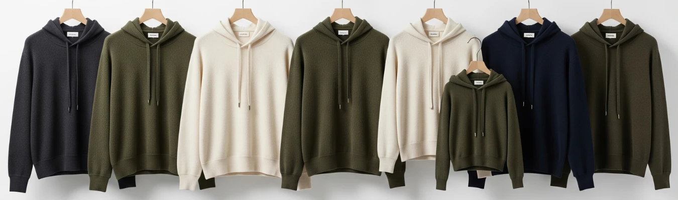 Luxury hoodies in multiple colors displayed on hangers, showcasing global demand and sourcing trends in hoodie manufacturing.