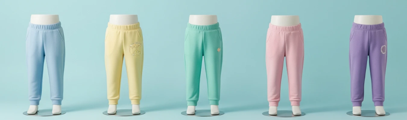 Colorful kids’ sweatpants in blue, yellow, green, pink, and purple displayed on mannequins, representing global demand and sourcing trends supported by RYZEAL, an apparel manufacturing and sourcing company in Bangladesh.