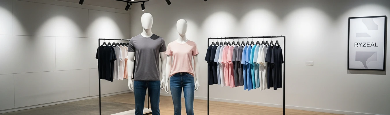 RYZEAL showroom mannequins wearing T-shirts with garment racks displaying assorted colors, highlighting sourcing and demand trends in global T-shirt manufacturing.