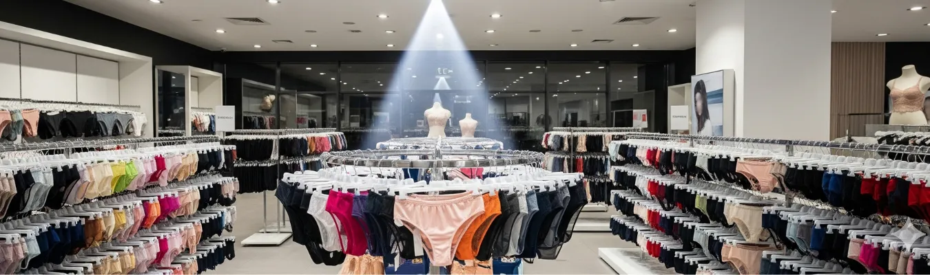 Display of wholesale briefs for women in a modern retail showroom, highlighting sourcing and global demand trends supported by RYZEAL, an apparel manufacturing and sourcing company in Bangladesh.