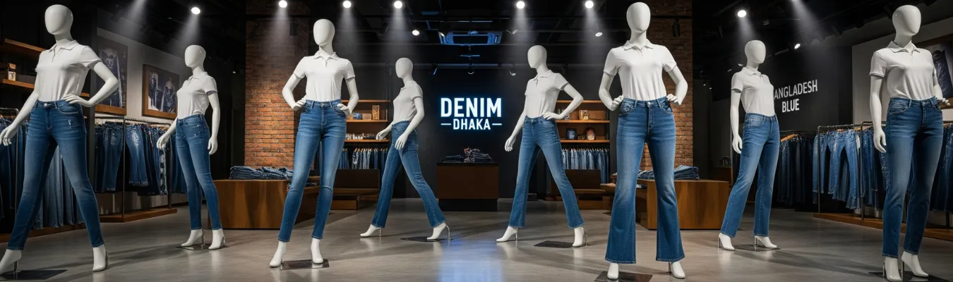 Display of women’s wholesale jeans on mannequins inside a denim showroom in Dhaka, highlighting global sourcing and fashion demand trends.