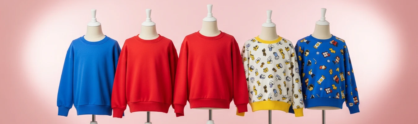 Mannequins displaying colorful kids’ sweatshirts in solid and printed designs, representing global demand and sourcing trends supported by RYZEAL, an apparel manufacturing and sourcing company in Bangladesh.