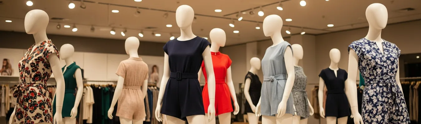 Showroom display of mannequins dressed in various stylish women’s rompers, representing wholesale sourcing trends in the apparel industry.