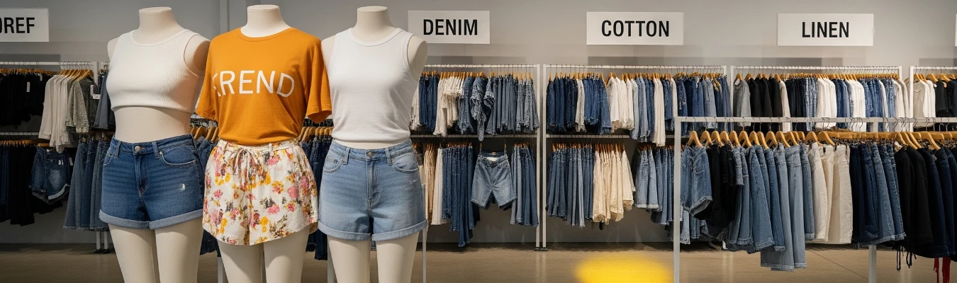 Mannequins wearing denim and cotton wholesale women’s shorts with racks of fabric-based collections in the background, representing global demand and sourcing trends managed by RYZEAL, an apparel manufacturing and sourcing company in Bangladesh.