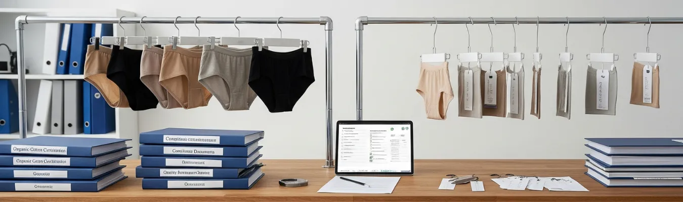 Women’s boxer briefs on display racks with documents and fabric certifications, symbolizing global demand and sourcing trends with RYZEAL as Women’s Boxer Brief Manufacturers