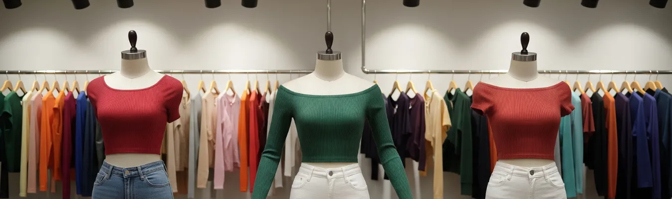 Women's wholesale crop tops on display mannequins in various colors inside a modern apparel showroom.