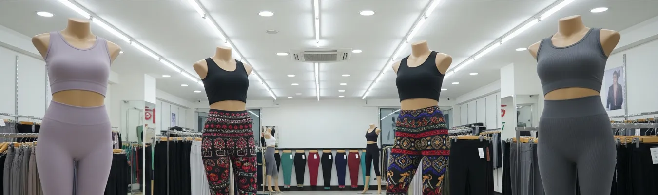 Mannequins in a retail showroom wearing different styles of leggings, representing global demand and sourcing trends in women’s wholesale leggings industry.