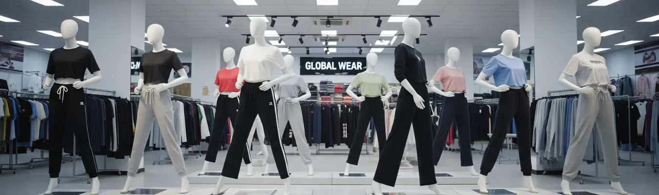 Mannequins in a retail showroom displaying women’s wholesale sweatpants in different colors, representing global demand and sourcing trends in the apparel industry.