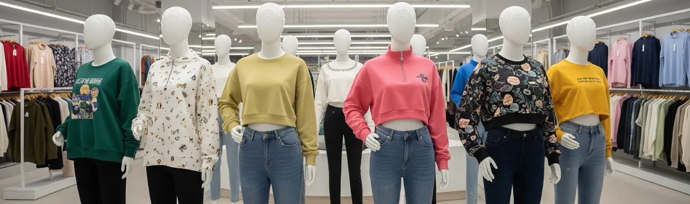 Display of mannequins in colorful sweatshirts inside a modern apparel showroom, highlighting global sourcing and demand trends with RYZEAL SOURCING.