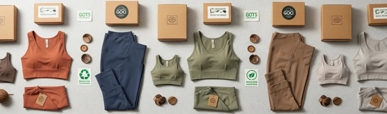 Eco-friendly women’s yoga wear sets with packaging and sustainability labels at RYZEAL SOURCING.